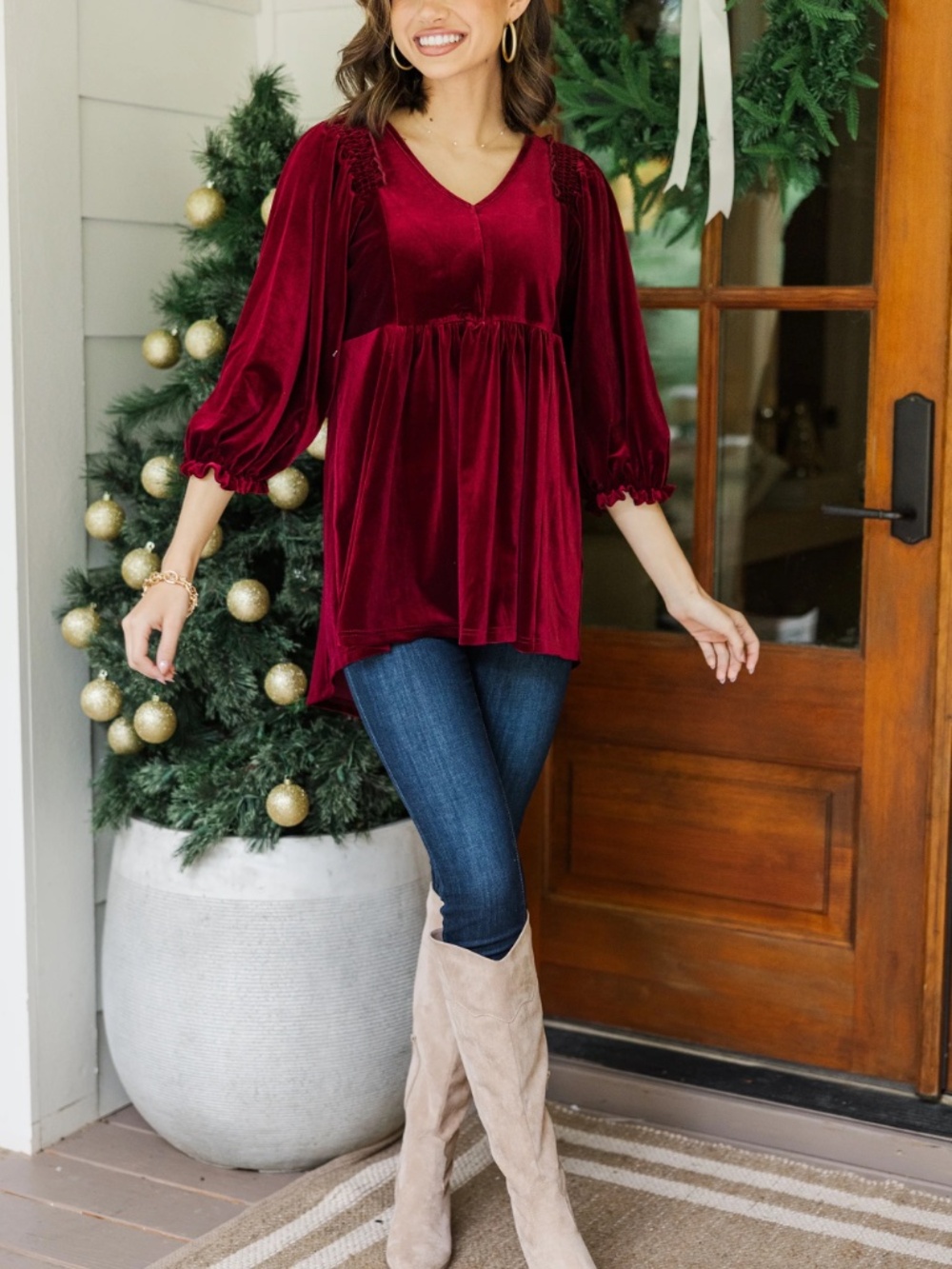Shop the Mint Put Yourself First Dark Red Velvet 3/4 Sleeve Holiday Tunic SZ XL